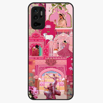 Blossoms of Rajasthan Glass Case showing flat back view with traditional floral artwork inspired by Rajasthan and glossy glass finish.