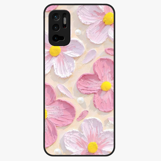 Blush Bloom Texture Glass Case showing flat back view with soft blush floral texture artwork and glossy glass finish.