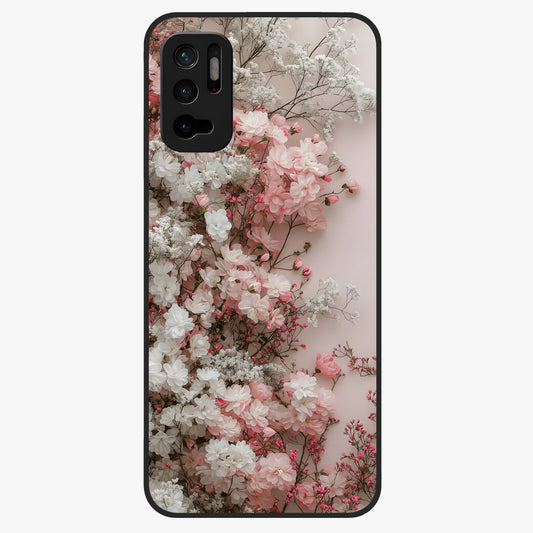 Blush Blossom Cloud Glass Case showing flat back view with dreamy blush cloud blossom artwork and glossy glass finish.