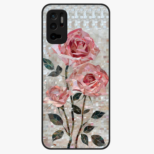 Blush Mosaic Bloom Glass Case showing flat back view with mosaic floral bloom artwork and glossy glass finish.