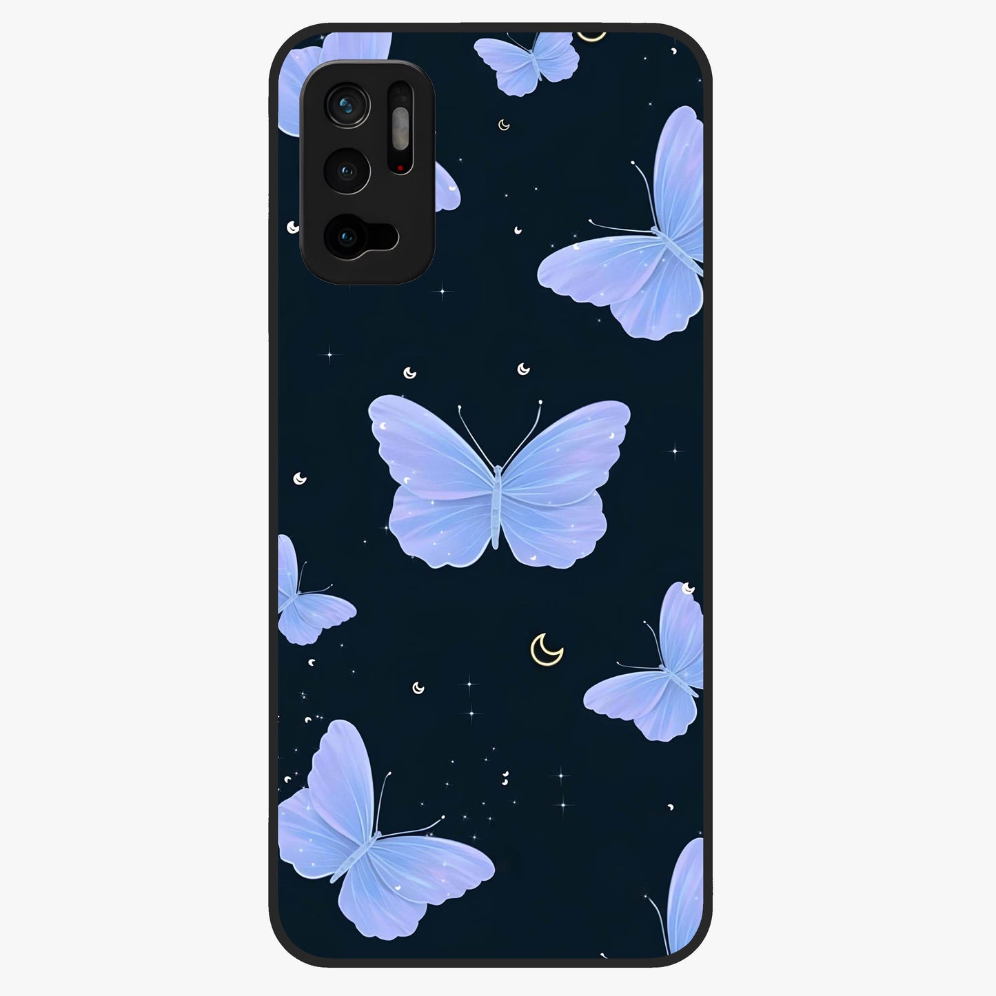 Butterfly With Stars Pattern Glass Case showing flat back view with butterfly and star pattern artwork and glossy glass finish.
