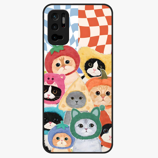 Cats in Fruits Glass Case showing flat back view with playful cat illustrations inside fruit artwork and glossy glass finish.