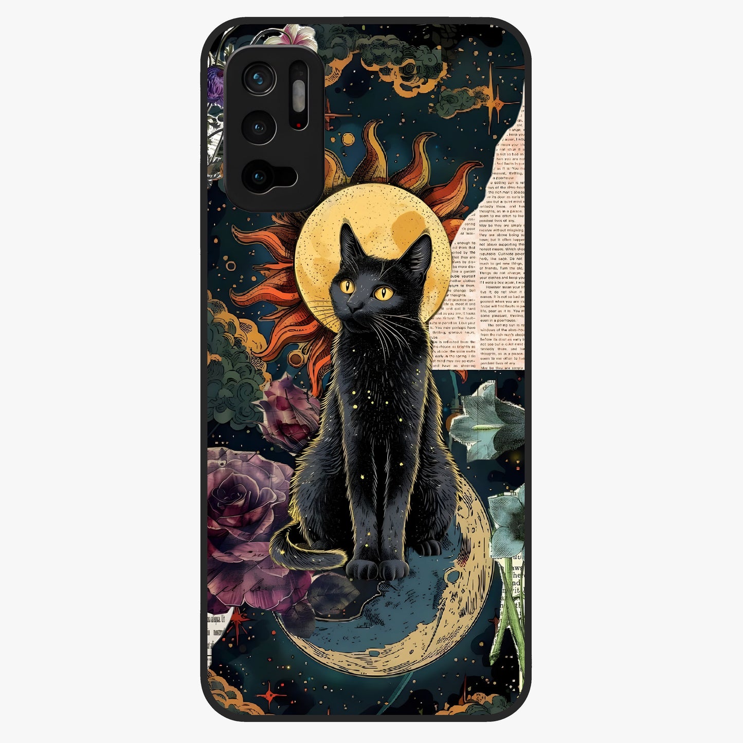 Celestial Black Cat Glass Case showing flat back view with mystical black cat artwork and glossy glass finish.