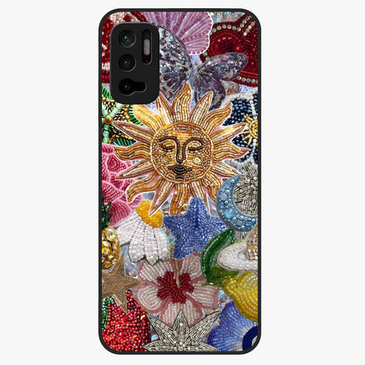 Celestial Floral and Playful Glass Case showing flat back view with floral and celestial themed artwork and glossy glass finish.