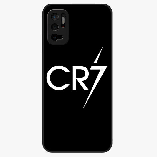 Cr7 Elite Strike Glass Case showing flat back view with dynamic football inspired artwork and glossy glass finish.