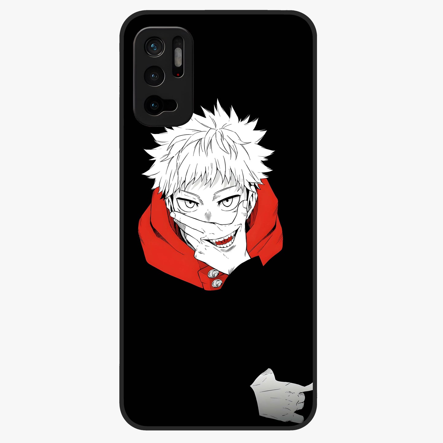 Crimson Chaos Smile Glass Case showing flat back view with bold chaotic smile artwork and glossy glass finish.