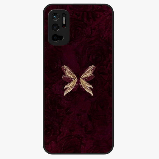 Crimson Fade Butterfly Glass Case showing flat back view with fading butterfly artwork and glossy glass finish.