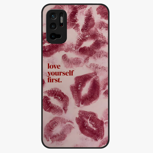 Crimson Kiss Love Glass Case showing flat back view with romantic crimson themed artwork and glossy glass finish.