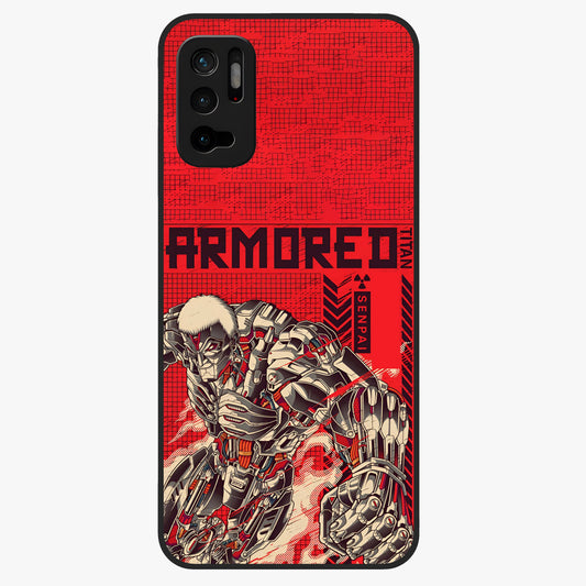 Crimson Mecha Titan Glass Case showing flat back view with powerful mech titan artwork and glossy glass finish.