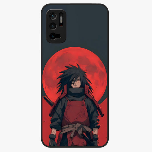 Crimson Moon Warlord Glass Case showing flat back view with mystical moon warrior artwork and glossy glass finish.