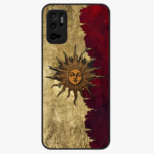 Crimson Sun Majesty Glass Case showing flat back view with radiant sun inspired artwork and glossy glass finish.