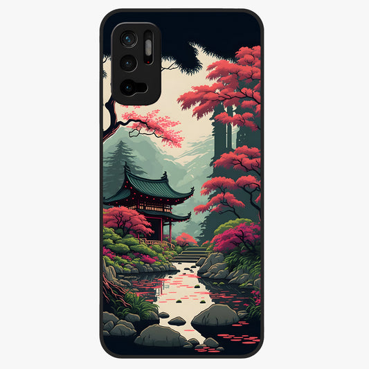 Crimson Temple View Glass Case showing flat back view with temple inspired artwork and glossy glass finish.