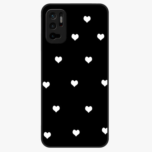 Cute And Simple White Hearts Glass Case showing flat back view with minimal white heart pattern and glossy glass finish.