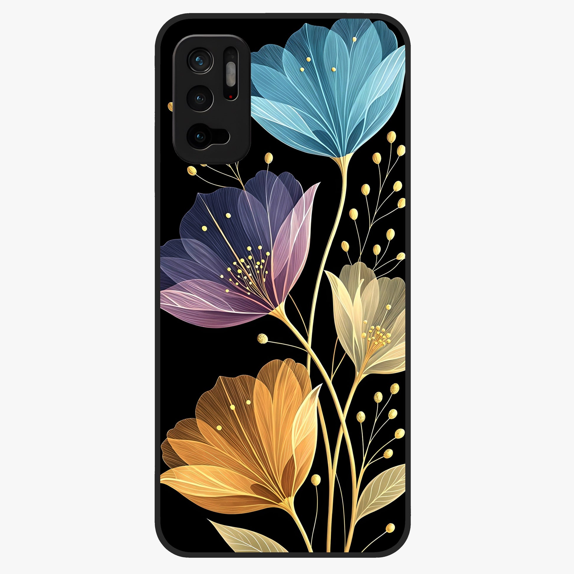 Delicate Multicolor Flowers Glass Case showing flat back view with vibrant floral artwork and glossy glass finish.