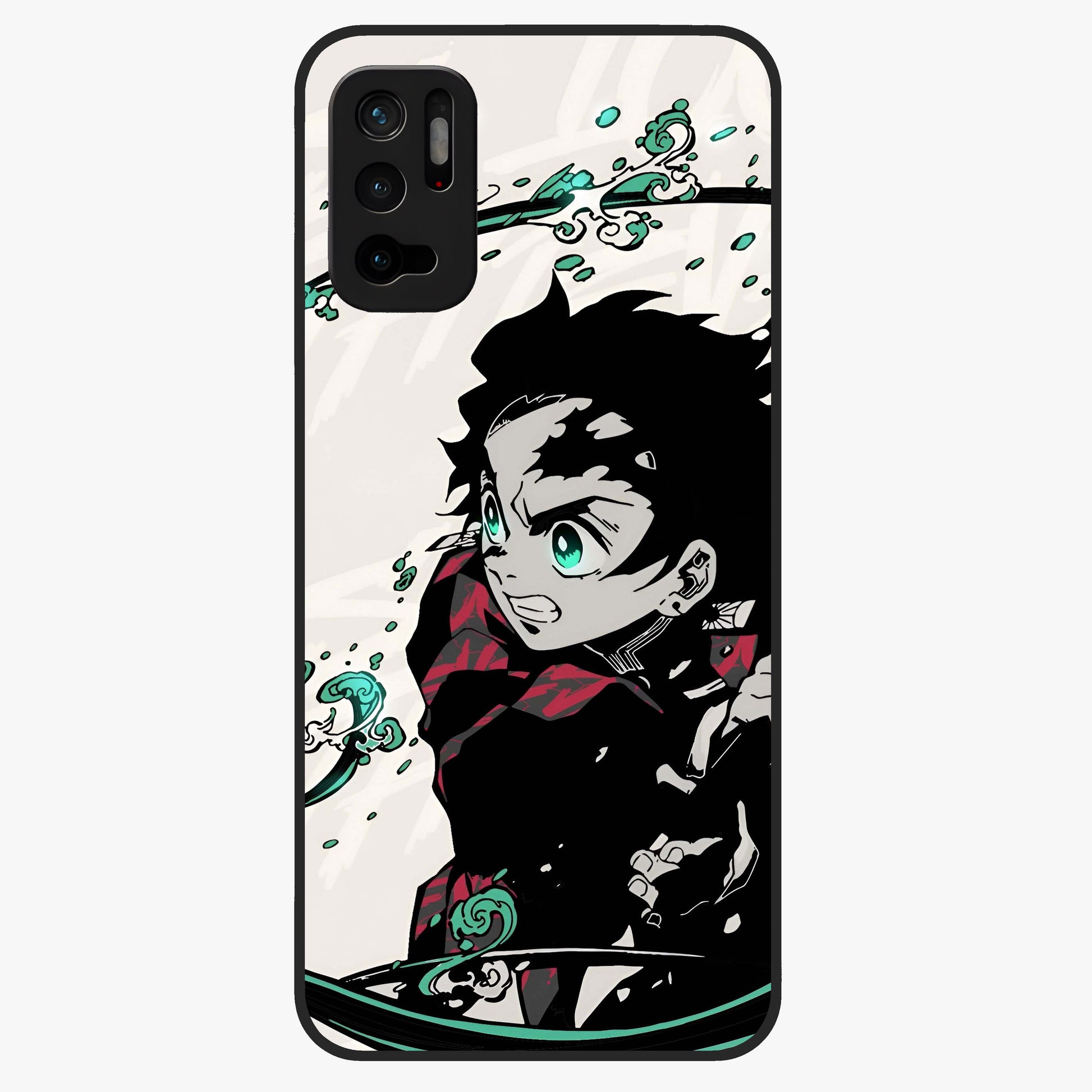 Demon Slayer Glass Case showing flat back view with bold anime inspired artwork and glossy glass finish.