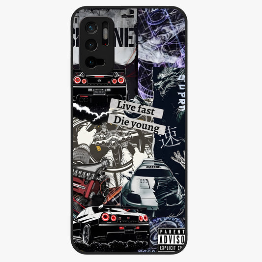 Die Young Glass Case showing flat back view with bold artistic typography design and glossy glass finish.