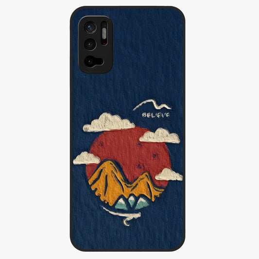 Dream Beyond Mountains Glass Case showing flat back view with scenic mountain landscape artwork and glossy glass finish.