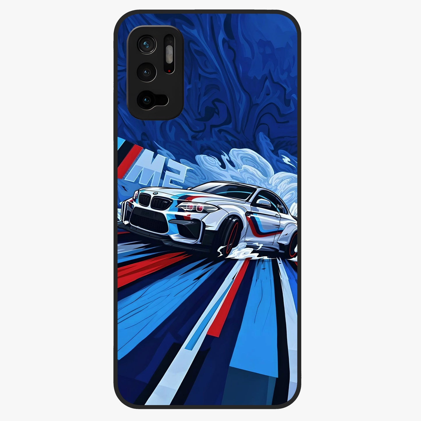 Drift Power Rush Glass Case showing flat back view with dynamic racing inspired artwork and glossy glass finish.