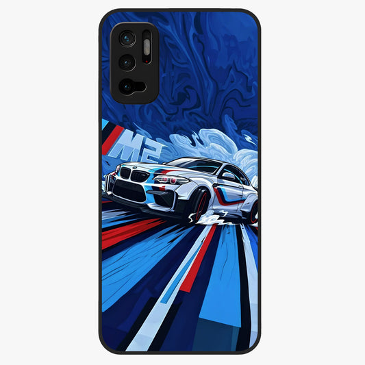 Drift Power Rush Glass Case showing flat back view with dynamic racing inspired artwork and glossy glass finish.
