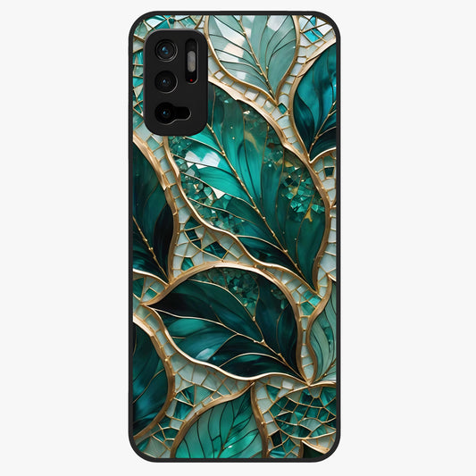 Emerald Leaf Glass Glass Case showing flat back view with emerald green leaf artwork and glossy glass finish.