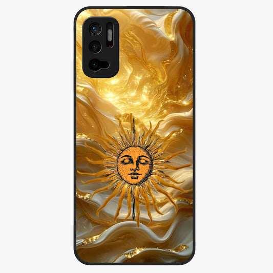 Eternal Golden Glow Glass Case showing flat back view with radiant golden themed artwork and glossy glass finish.