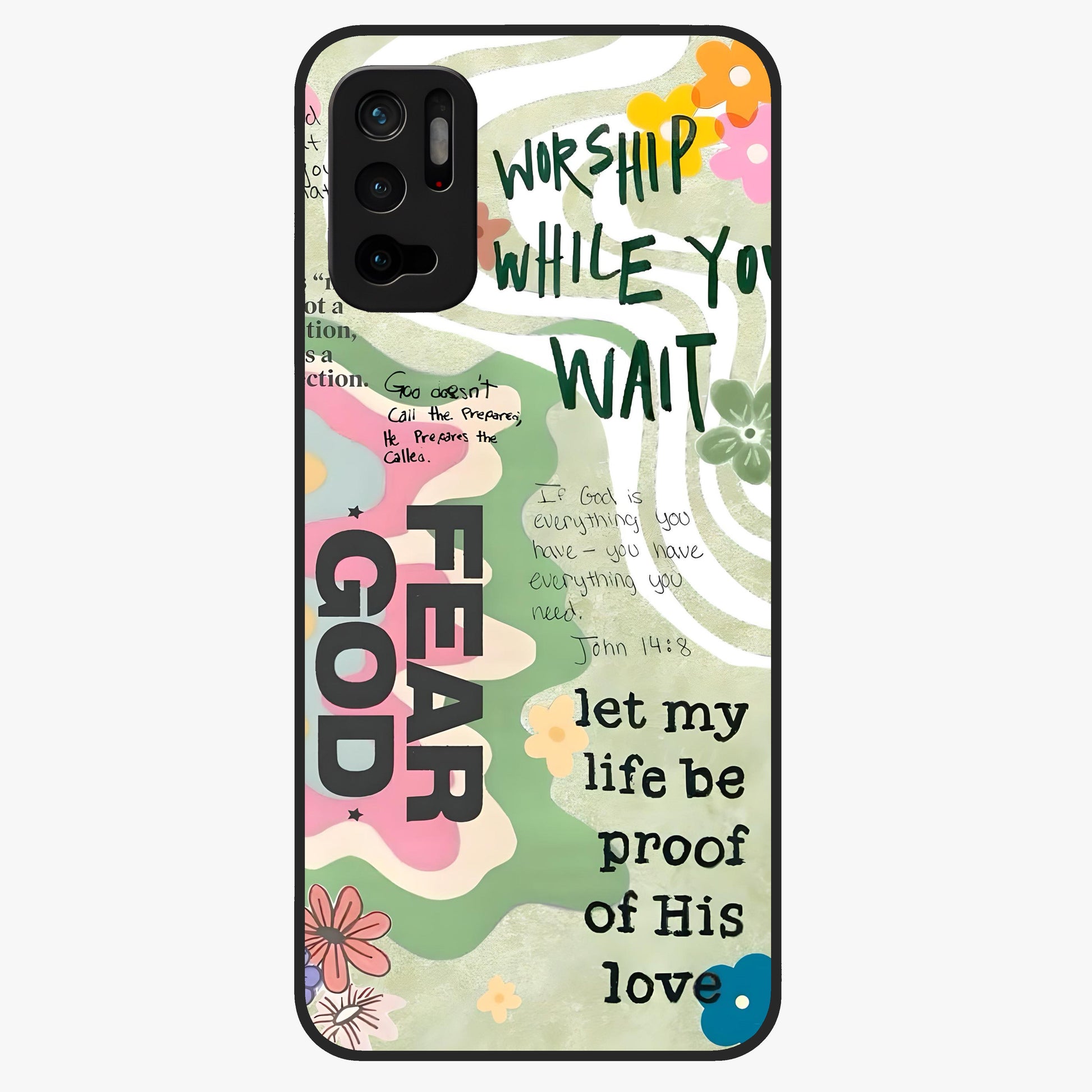 Faith Over Fear Glass Case showing flat back view with motivational typography artwork and glossy glass finish.