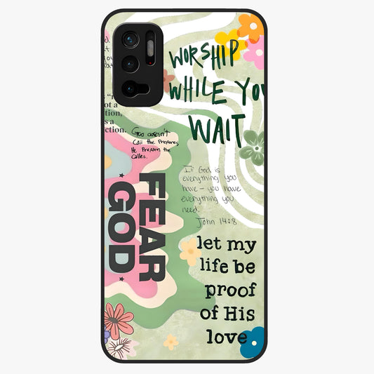 Faith Over Fear Glass Case showing flat back view with motivational typography artwork and glossy glass finish.