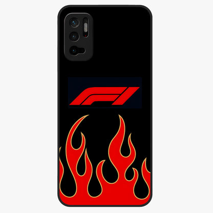 Fire F11 Glass Case showing flat back view with fiery themed artwork and glossy glass finish.