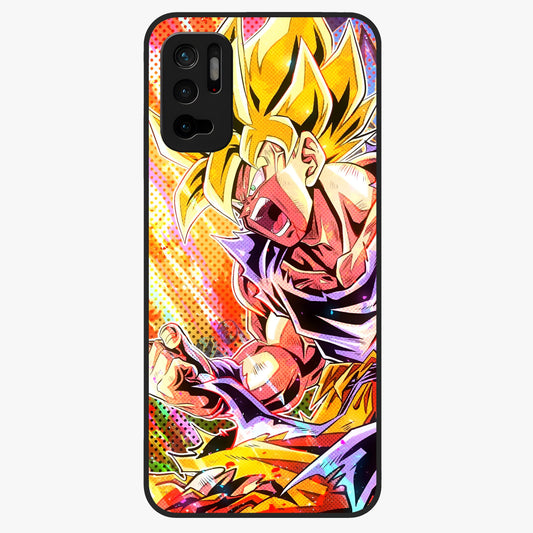 Firing Goku Glass Case showing flat back view with powerful anime inspired artwork and glossy glass finish.