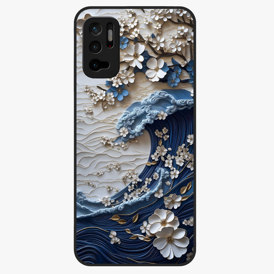 Floral Wave Origami Glass Case showing flat back view with origami inspired floral wave artwork and glossy glass finish.