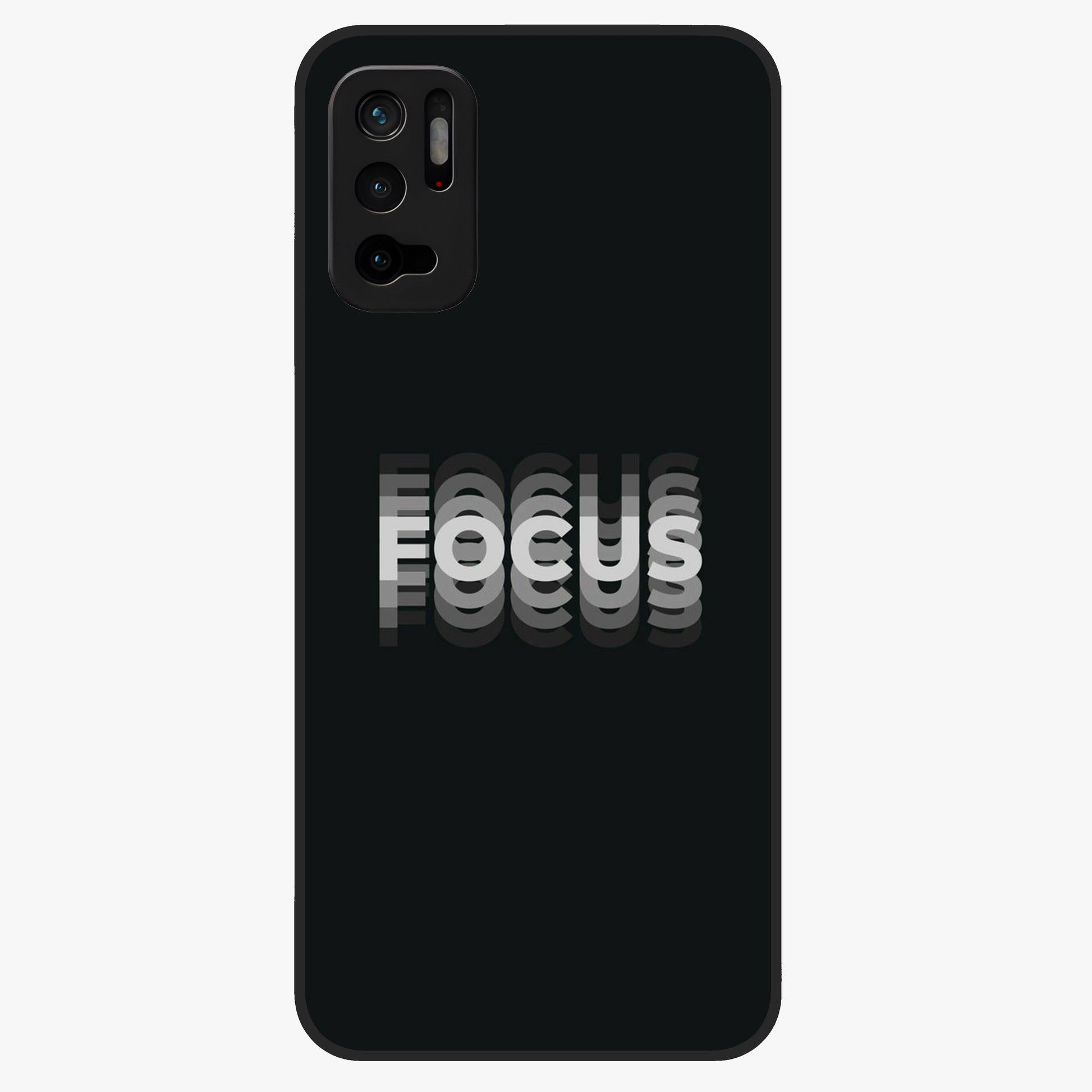 Focus Mode On Glass Case showing flat back view with bold motivational typography design and glossy glass finish.