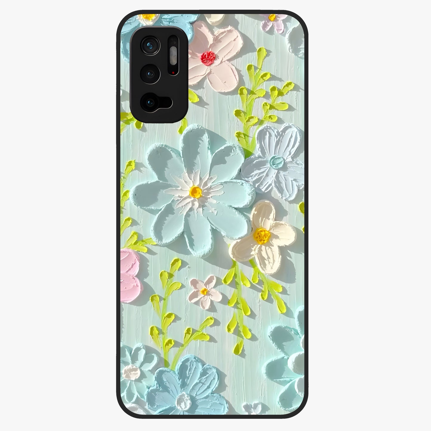 Frosted Petal Garden Glass Case showing flat back view with soft frosted floral artwork and glossy glass finish.