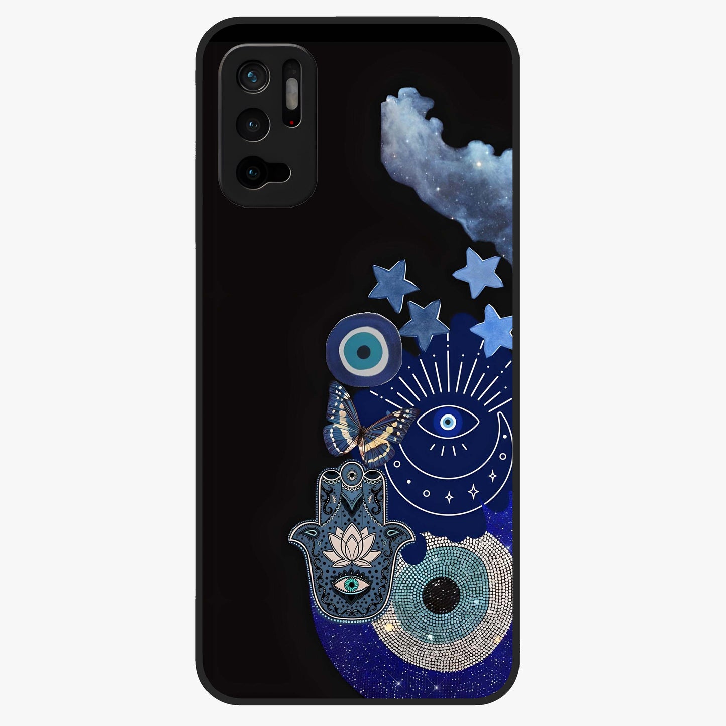 Galactic Charm Cluster Glass Case showing flat back view with glowing celestial charm artwork and glossy glass finish.