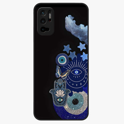 Galactic Charm Cluster Glass Case showing flat back view with glowing celestial charm artwork and glossy glass finish.