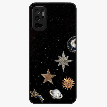 Galactic Charm Glow Glass Case showing flat back view with glowing celestial charm artwork and glossy glass finish.