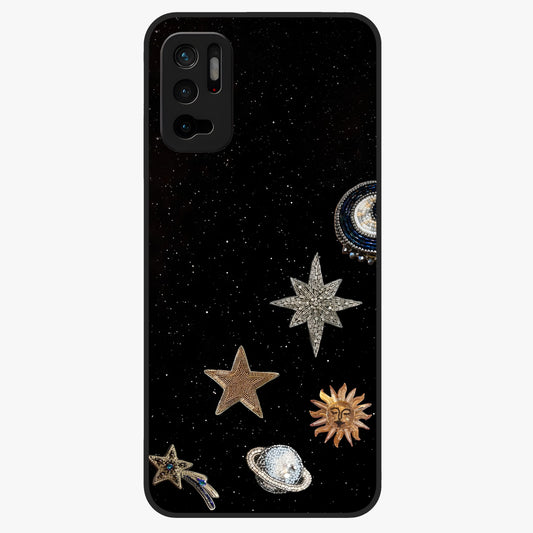 Galactic Charm Glow Glass Case showing flat back view with glowing celestial charm artwork and glossy glass finish.