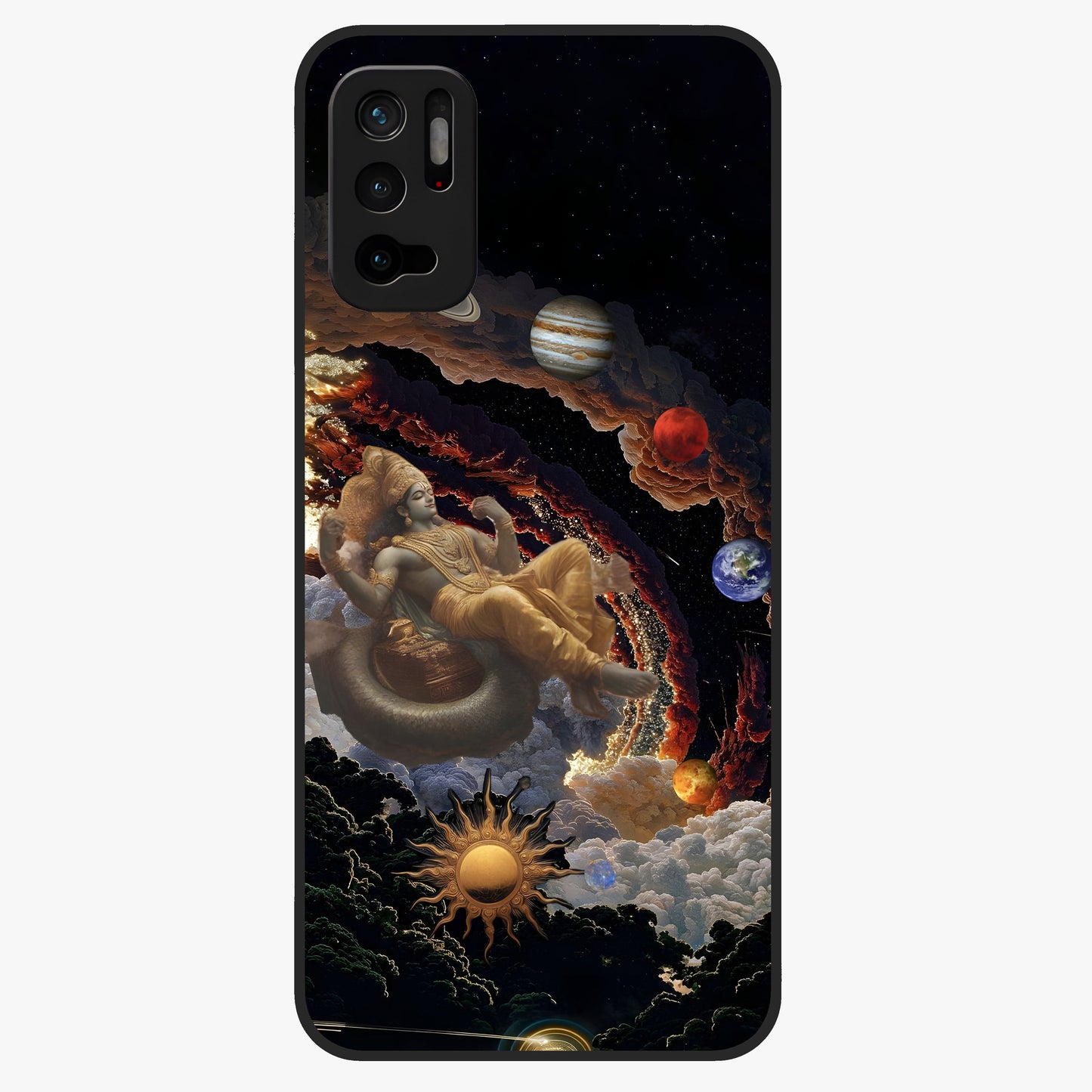 Galactic Divine God Glass Case showing flat back view with divine cosmic themed artwork and glossy glass finish.