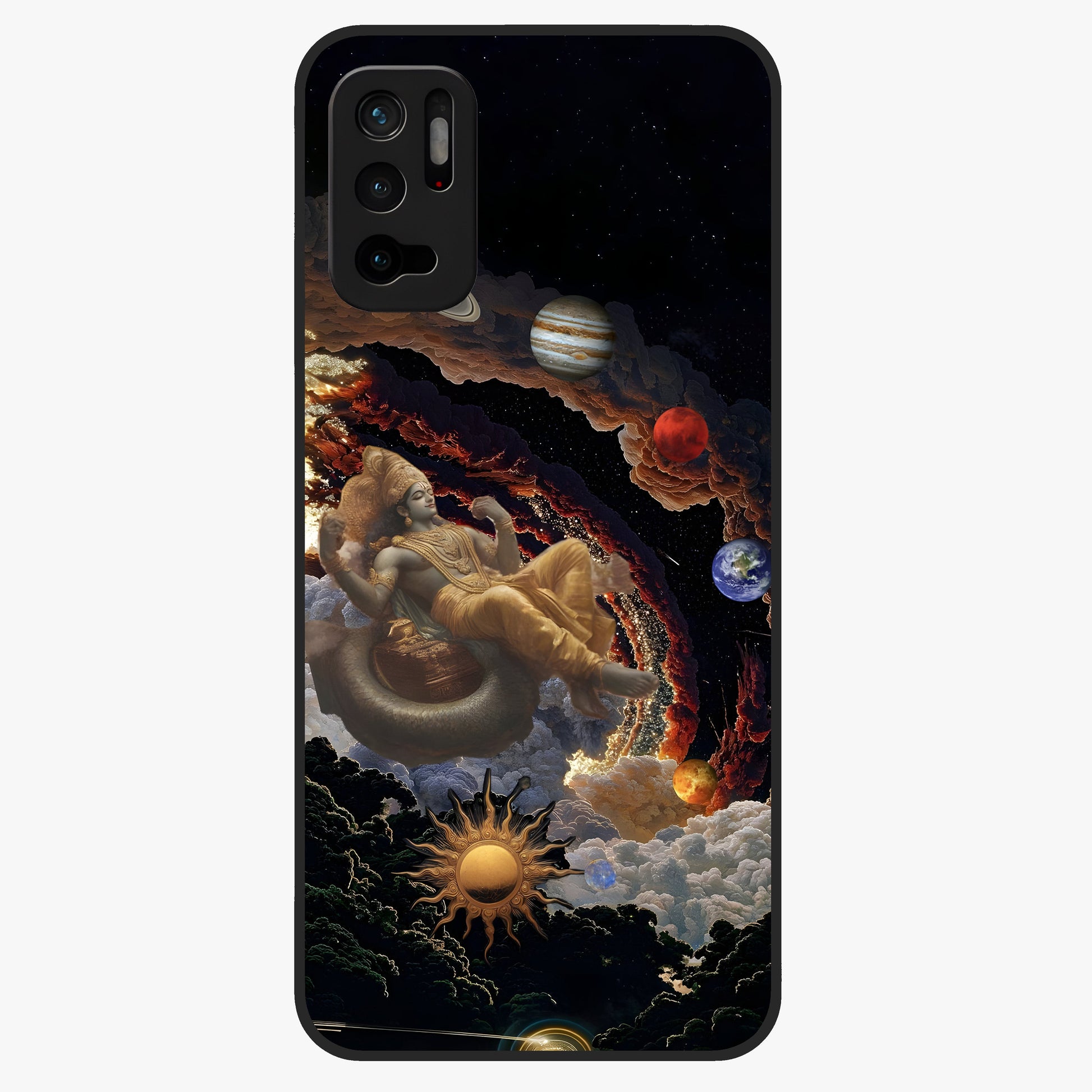 Galactic Divine God Glass Case showing flat back view with divine cosmic themed artwork and glossy glass finish.