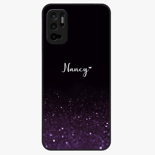 Glittery Purple Bokeh Custom Name Glass Case showing flat back view with purple bokeh sparkle artwork and personalized name design.