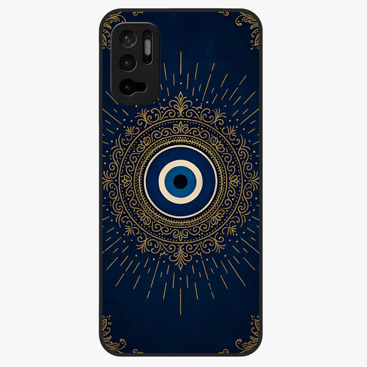 Golden Evil Eye Mandala Glass Case showing flat back view with intricate evil eye mandala artwork and glossy glass finish.