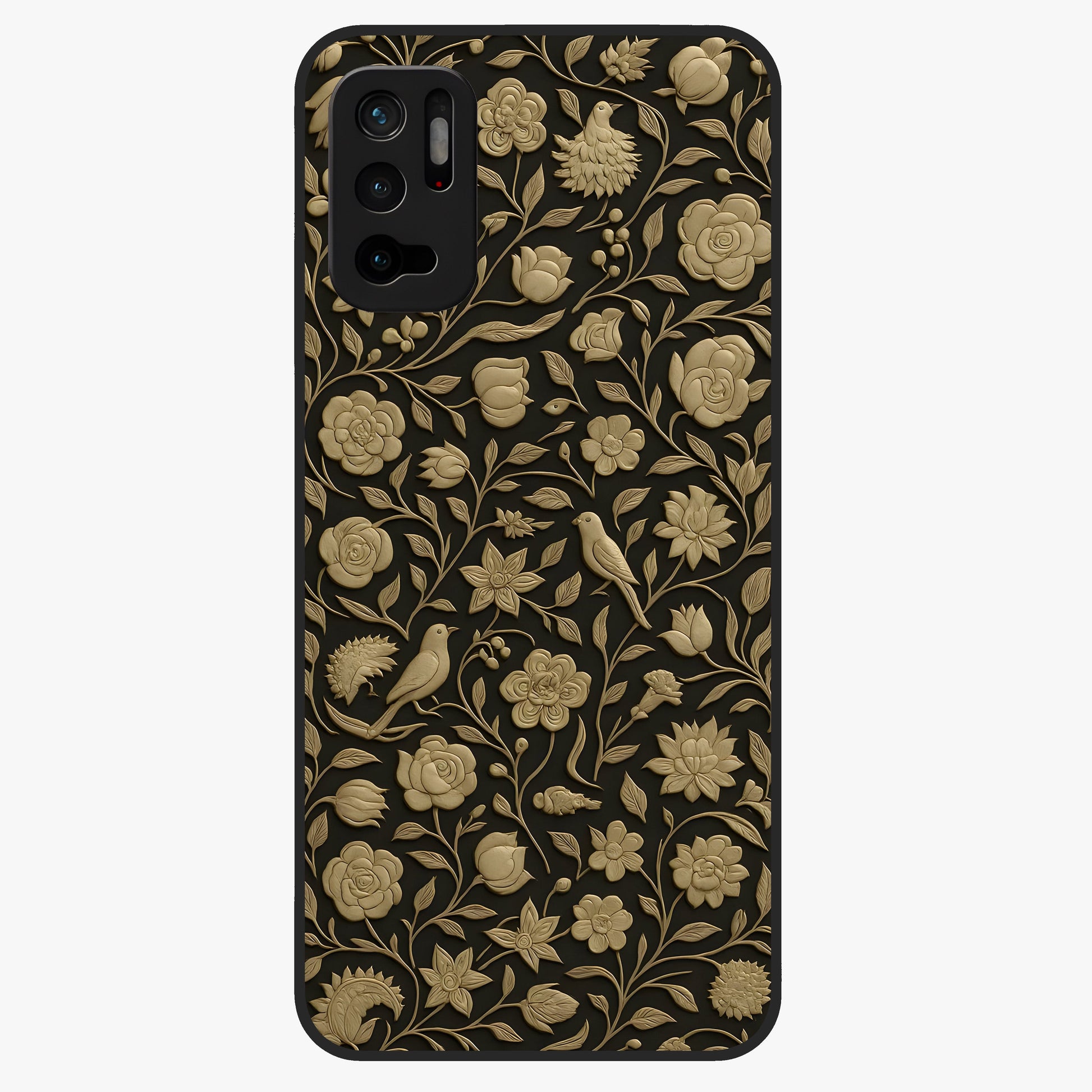 Golden Floral Majesty Glass Case showing flat back view with luxurious golden floral artwork and glossy glass finish.