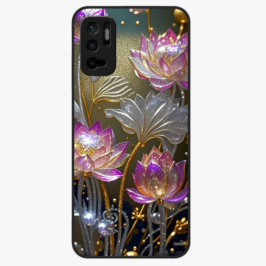 Golden Lotus Glow Glass Case showing flat back view with glowing lotus flower artwork and glossy glass finish.