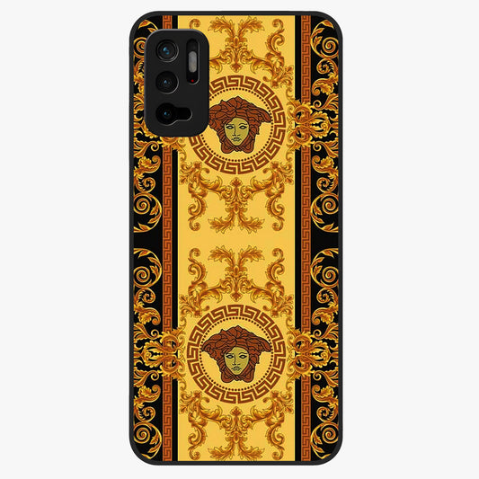 Golden Royal Heritage Glass Case showing flat back view with ornate royal pattern artwork and glossy glass finish.