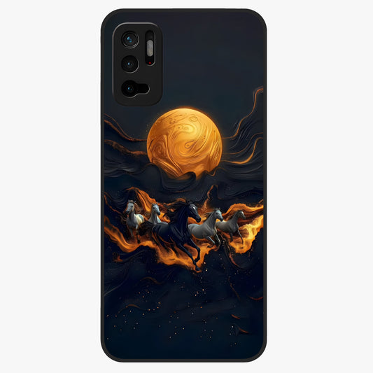 Golden Stallion Moonride Glass Case showing flat back view with majestic horse under moonlight artwork and glossy glass finish.