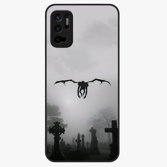 Graveyard Shadow Descent Glass Case showing flat back view with dark graveyard themed artwork and glossy glass finish.
