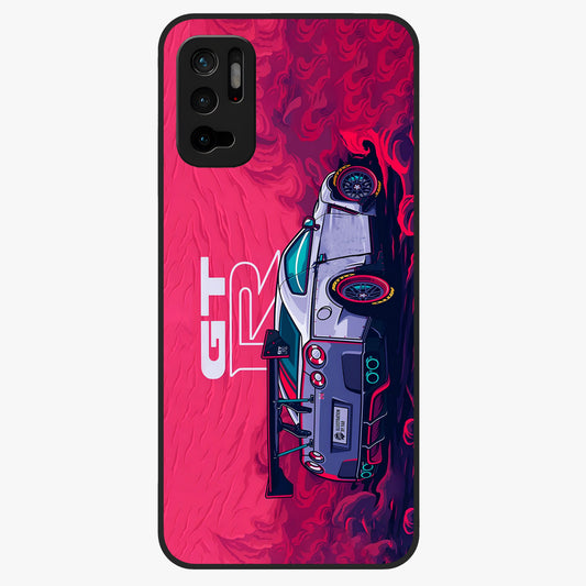 GT-R Car Pattern Glass Case showing flat back view with sporty car inspired pattern artwork and glossy glass finish.