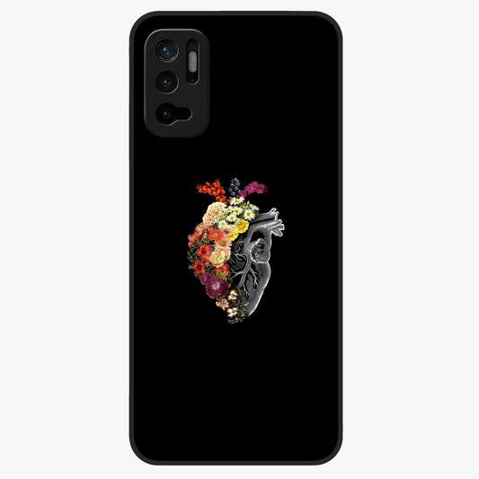 Heart With Flowers Glass Case showing flat back view with heart shaped floral artwork and glossy glass finish.