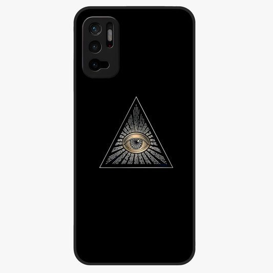 Illuminati Evil Glass Case showing flat back view with mysterious illuminati symbol artwork and glossy glass finish.