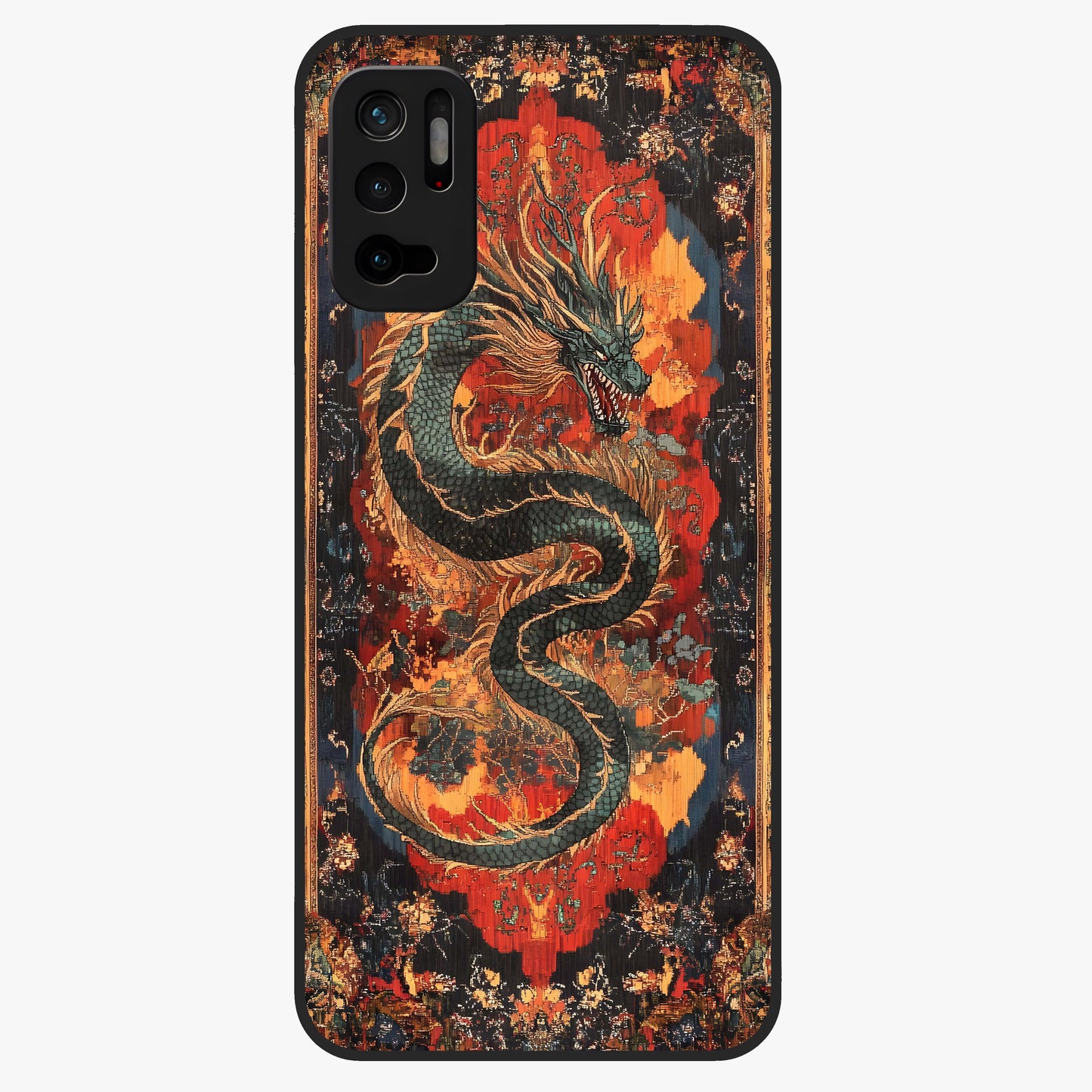 Inferno Dragon Soul Glass Case showing flat back view with fiery dragon artwork and glossy glass finish.