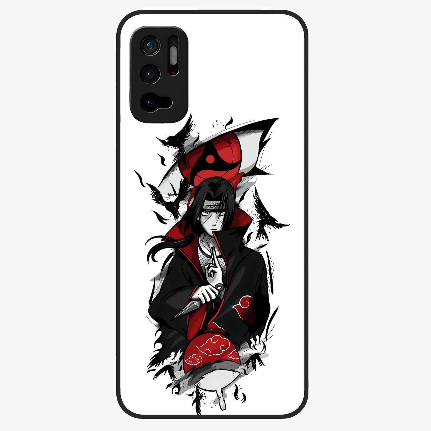 Itachi Sharingan Glass Case showing flat back view with powerful anime eye artwork and glossy glass finish.